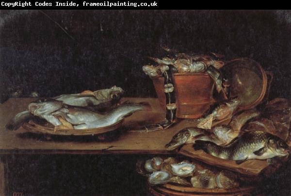 Alexander Adriaenssen Still Life with Fish,Oysters,and a Cat