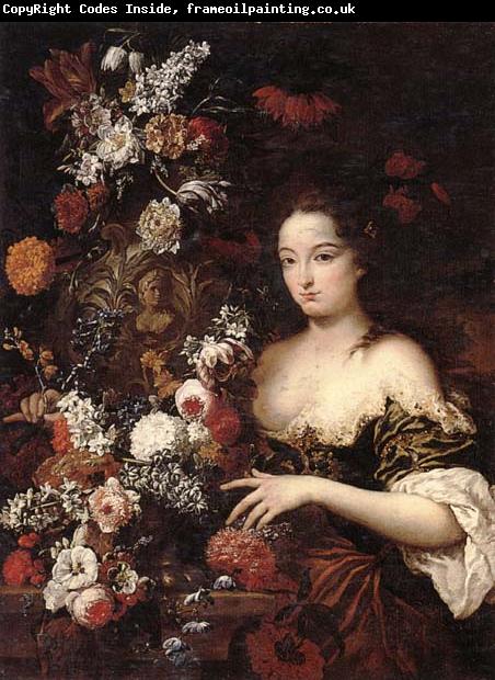 Gaspar Peeter Verbrugghen the younger A still life of various flowers with a young lady beside an urn