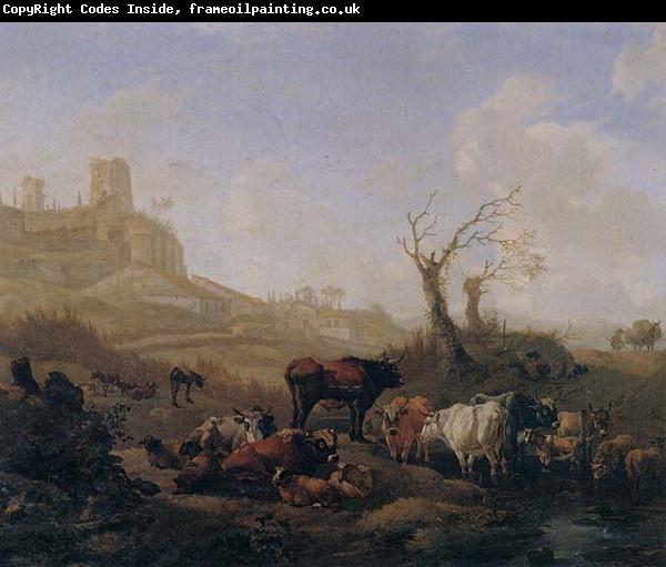 William Romeyn Cattle and sheep by a stream in a pasture,a town beyond