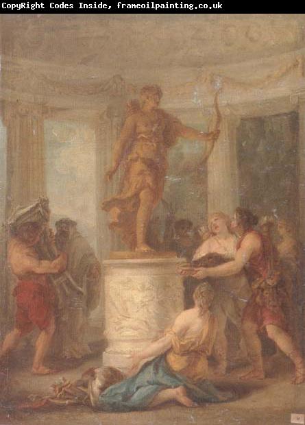 unknow artist Interior of a classical temple,with hunters making an offering to a statue of diana