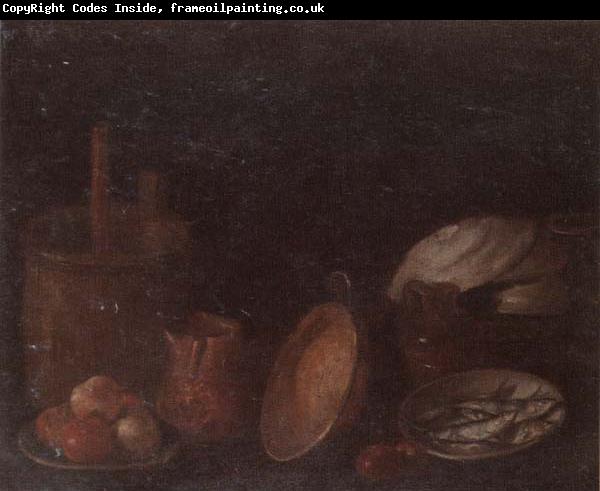 unknow artist Still life of apples and herring in bowls,a beaten copper jar,a pan and other kitchen implements