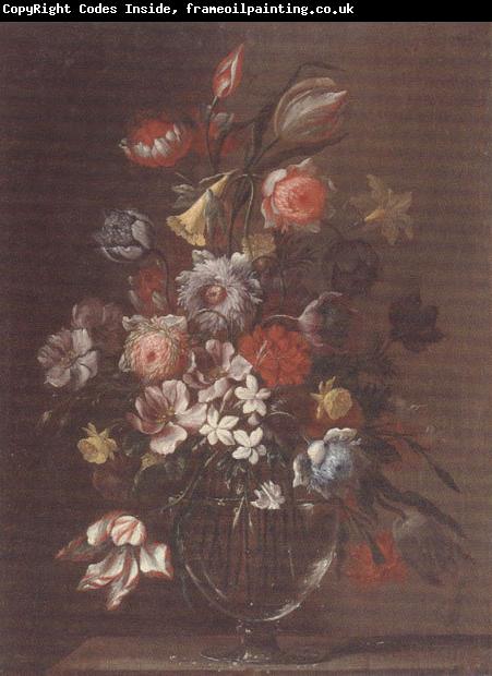 unknow artist Still life of carnations,tulips,roses and daffodils,in a glass vase,upon a table-top