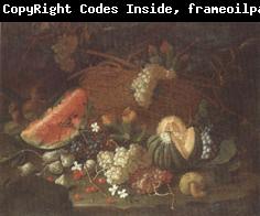 unknow artist Still life of a watermelon,red and white grapes,figs,cherries,mushrooms,a melon,and a basket with vine-leaves,upon a ledge