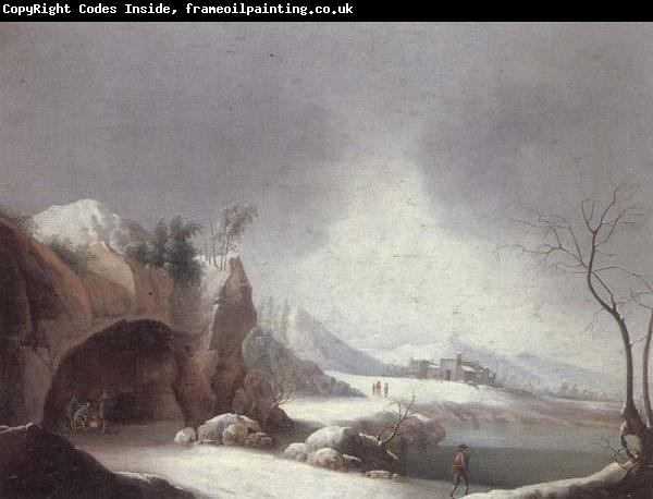 unknow artist A winter landscpae with travellers gathered aroubnd a fire in a grotto,overlooding a lake,a monastery beyond