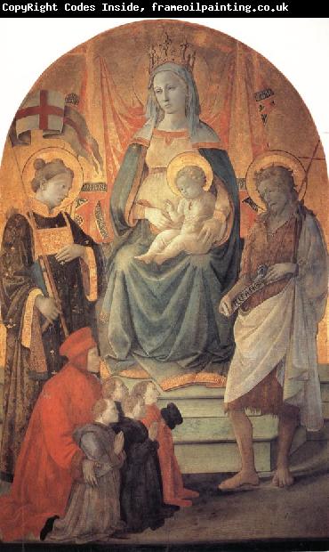 Fra Filippo Lippi The Madonna and Child Enthroned with Stephen,St John the Baptist,Francesco di Marco Datini and Four Buonomini of the Hospital of the Ceppo of Prato