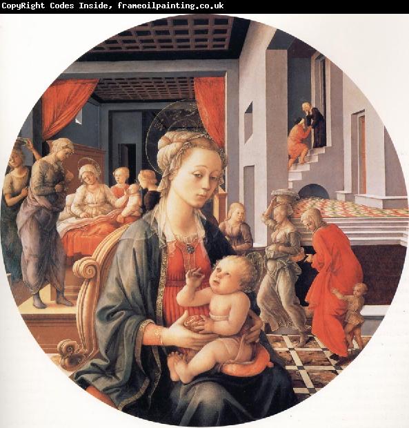 Fra Filippo Lippi The Madonna and Child with the Birth of the Virgin and the Meeting of Joachim and Anna