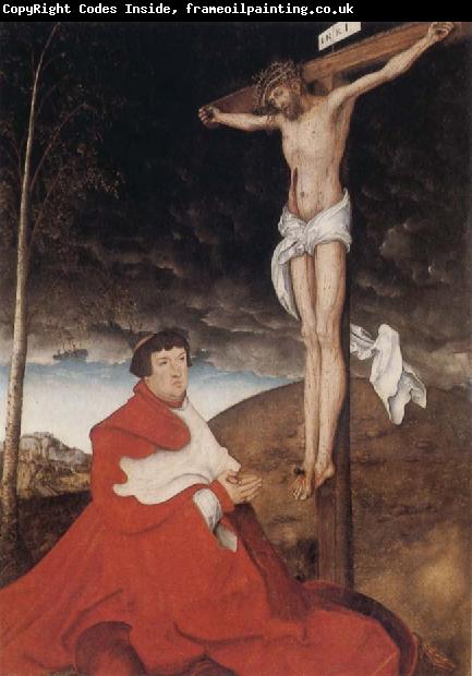 Hans holbein the younger Cardinal Albrecht of Branden-burg before the Crucifiel Christ