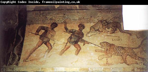 unknow artist Fresco in the main hall of the Hunting Baths at Lepcis Magna